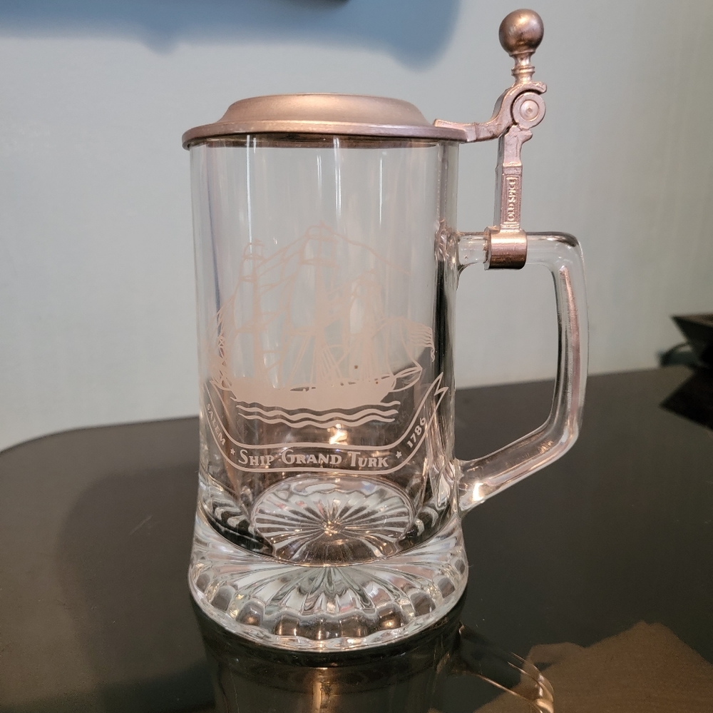 Old Spice Beer Stein- Salem Ship Ground Turk 1786- Pewter & Glass